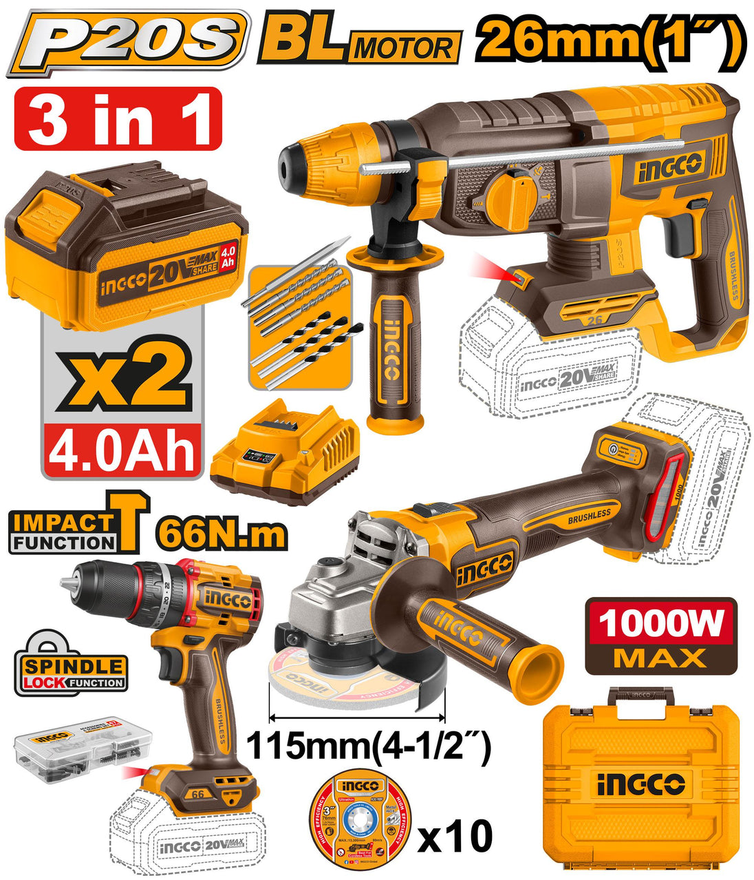 Ingco Cordless Impact Drill, Angle Grinder 115mm and Rotary Drill 20V Kit COSLI241198