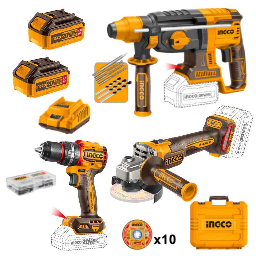 Ingco Cordless Impact Drill, Angle Grinder 115mm and Rotary Drill 20V Kit COSLI241198 1