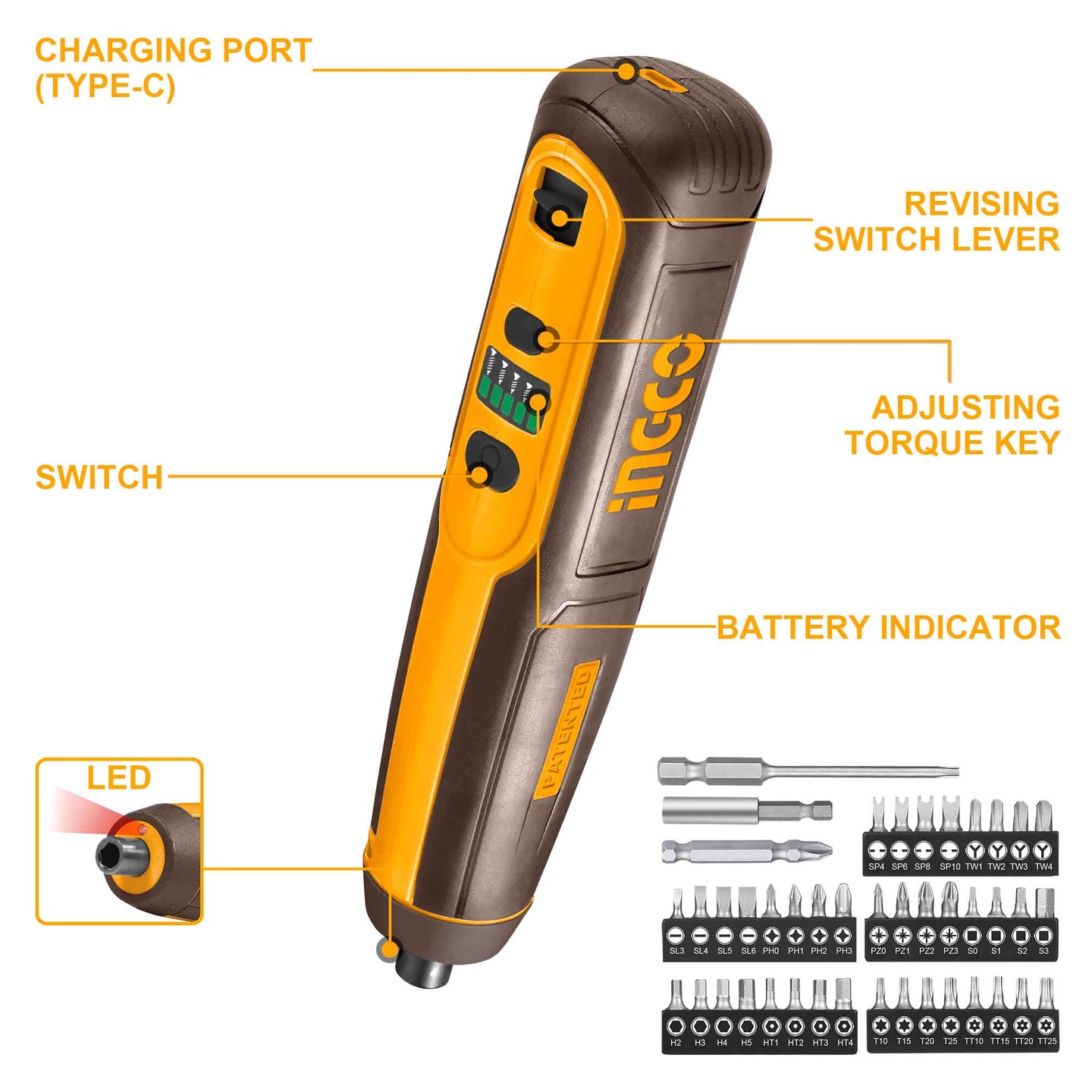 Ingco Cordless Screwdriver 4V + Bits CSDLI04062 