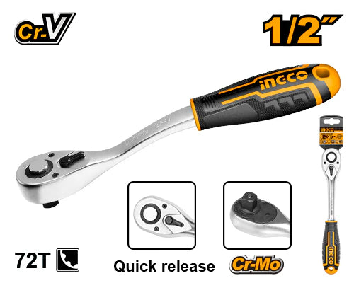 Ratchet wrench with black and orange handle on a white background, featuring the brand 'Ingco'.
