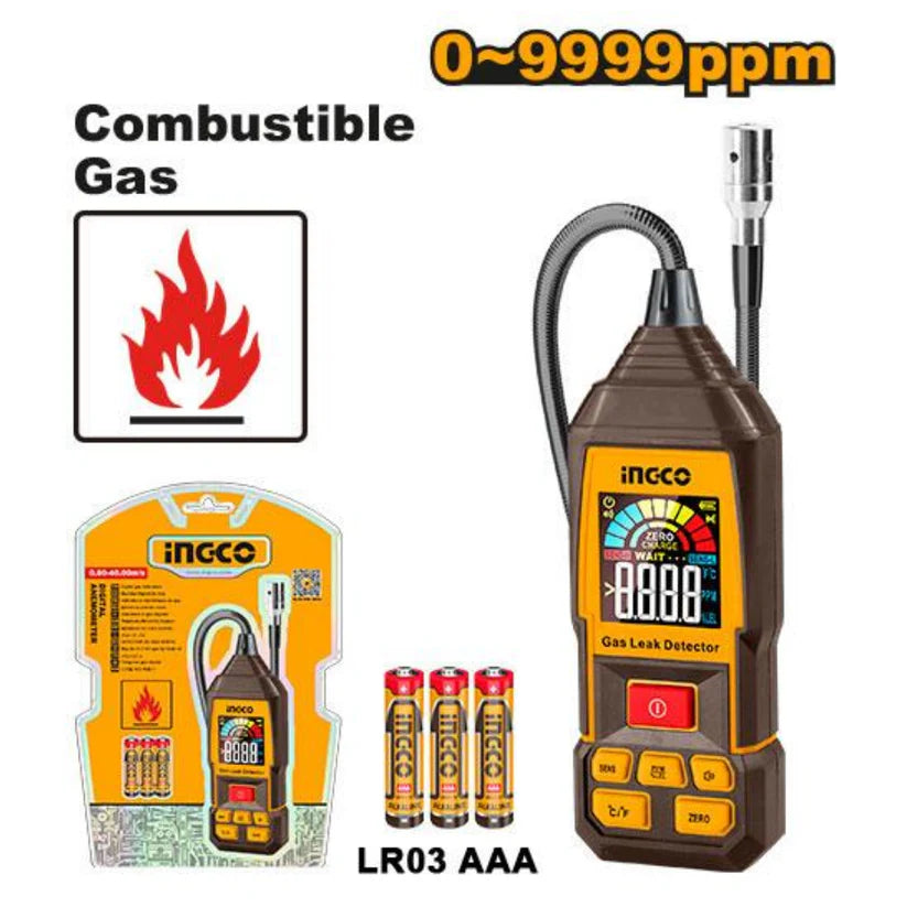 Gas leak detector with packaging and batteries on a white background