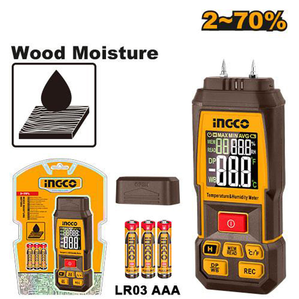 Wood moisture meter with packaging, batteries, and display of measurement range.