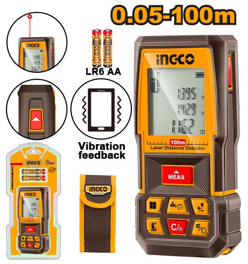 Ingco laser distance detector with packaging and battery information on a white background