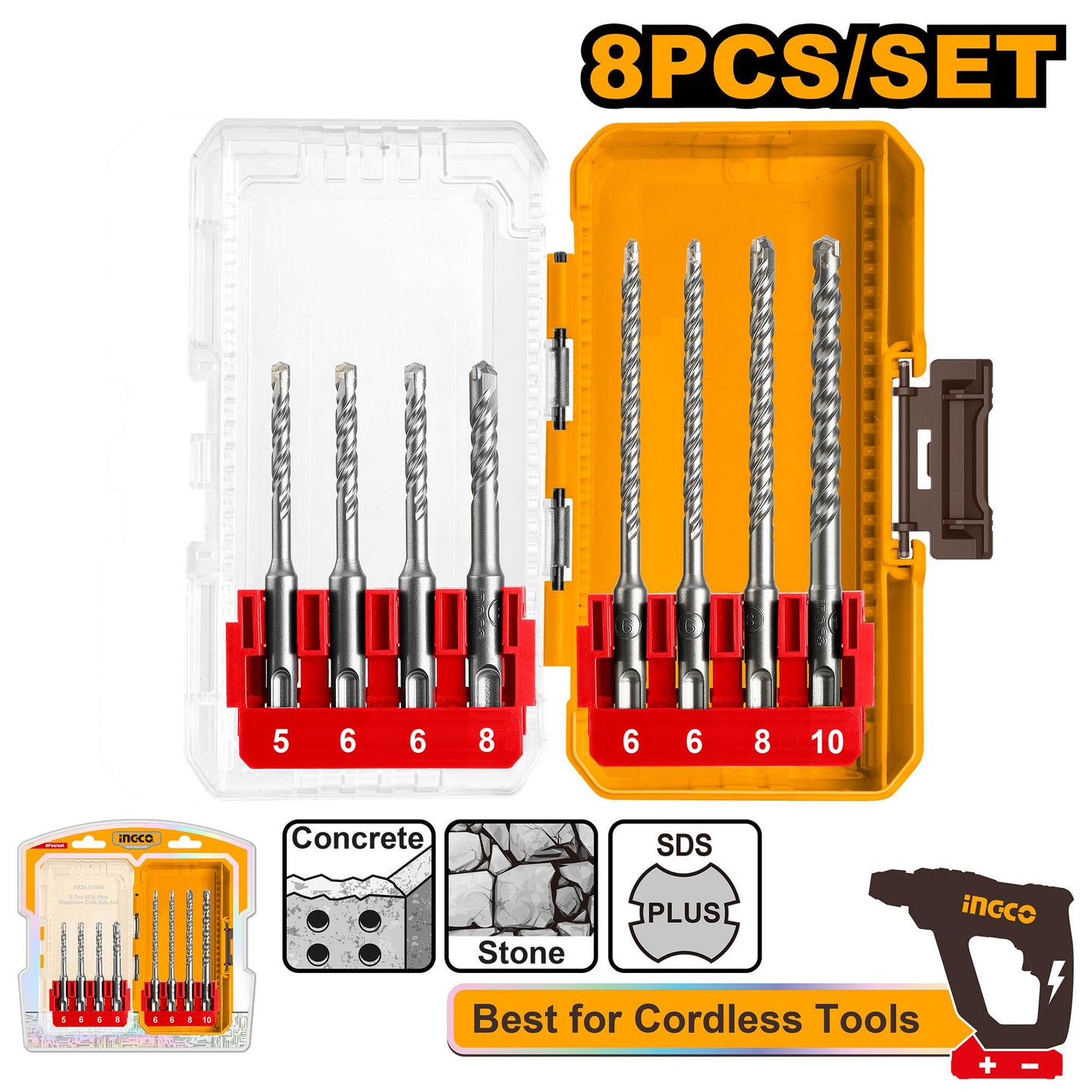 Ingco Drill Bit Set 8Pc SDS 5-10mm  AKDL11806