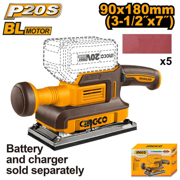 Inoco power sander with specifications and packaging on a white background
