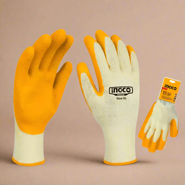 Pair of orange and white gloves with 'INGCO' branding on a beige background
