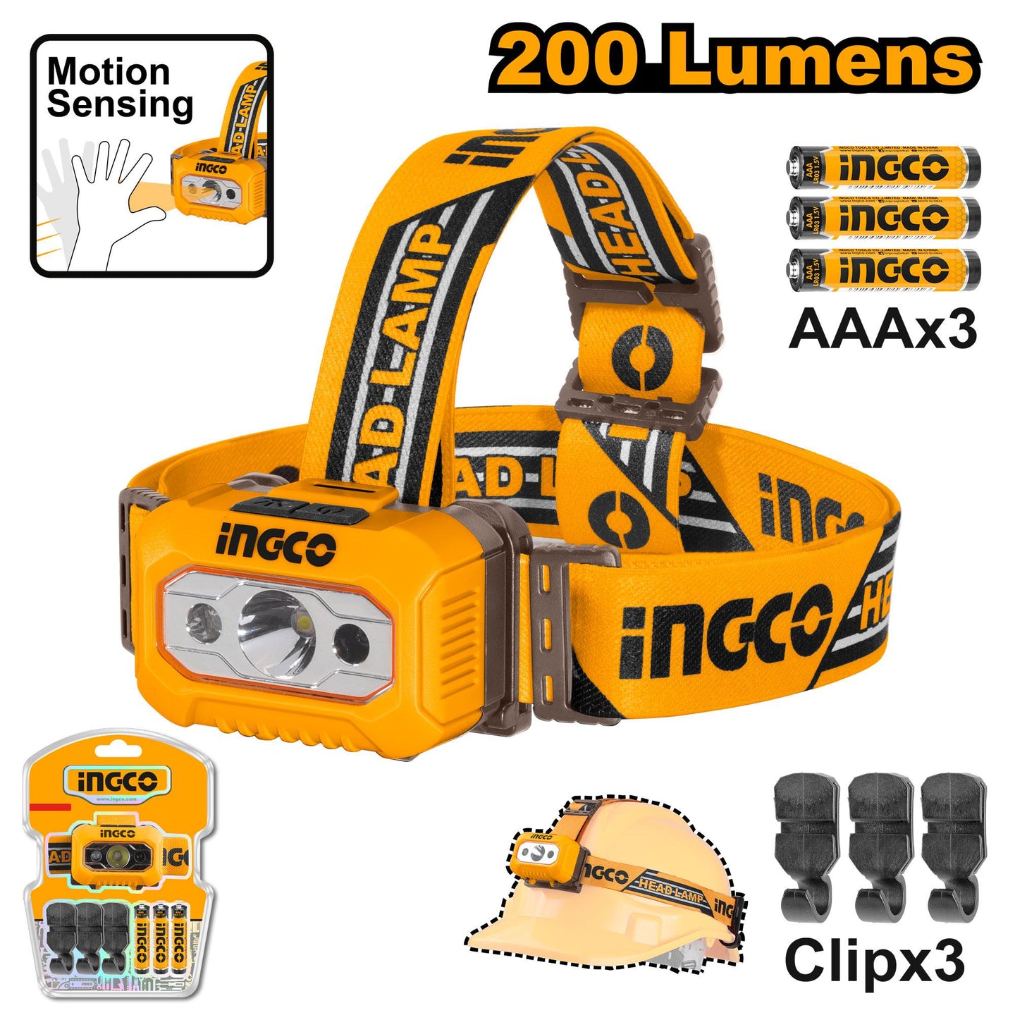 Orange headlamp with accessories on a white background