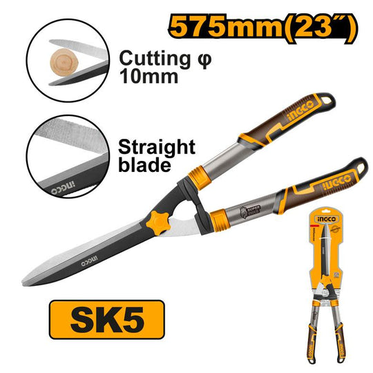 Hedge trimmer with INGCO branding and specifications on a white background
