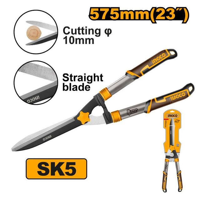 Hedge trimmer with INGCO branding and specifications on a white background