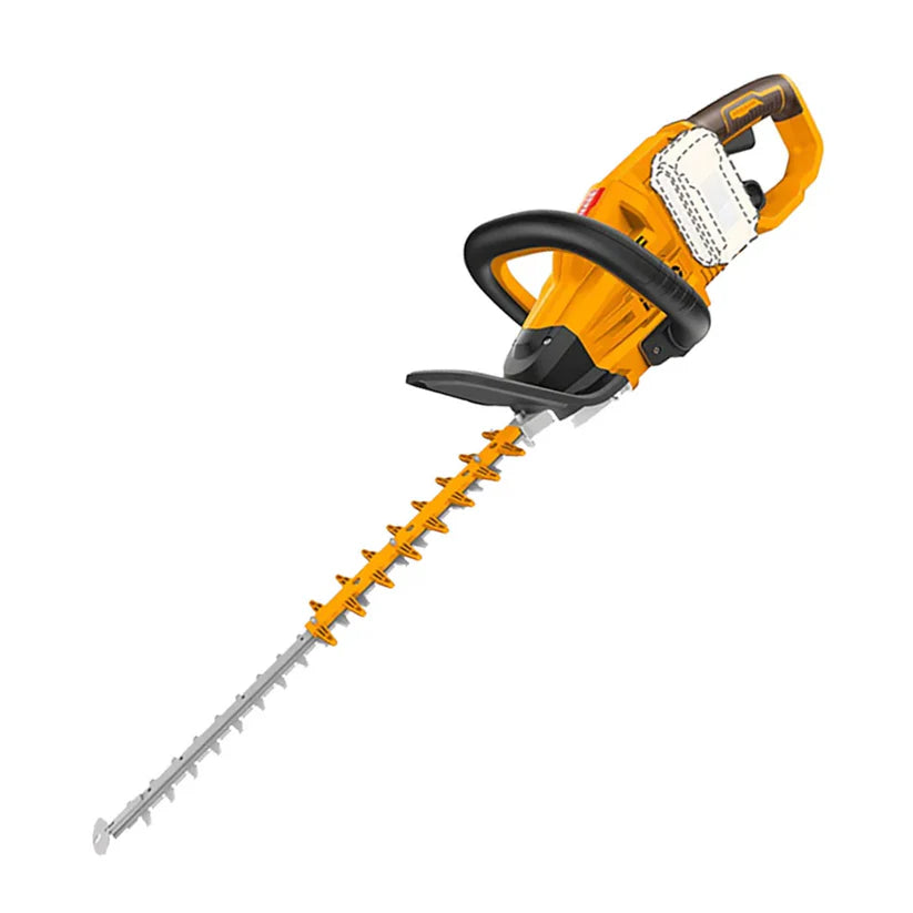 Yellow and black hedge trimmer on a white background