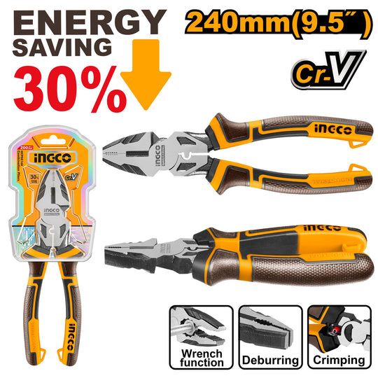 Pair of pliers with packaging and text highlighting energy saving and Cr-V material on a white background.
