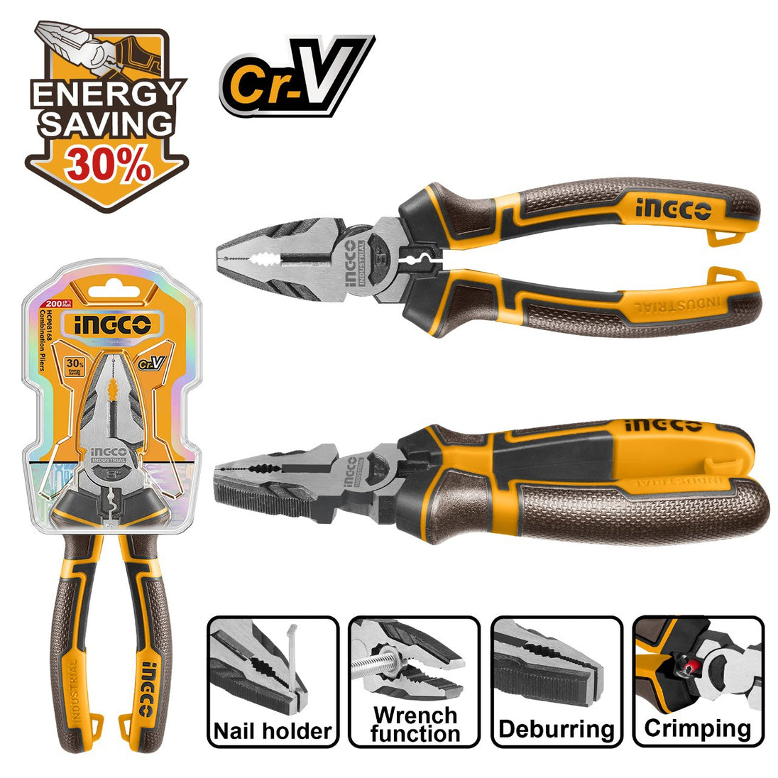 Pair of pliers with packaging and features displayed on a white background