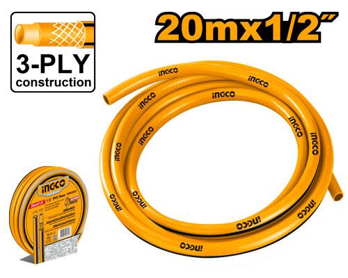 Yellow hose with 'incco' branding and text indicating 3-ply construction and size on a white background.