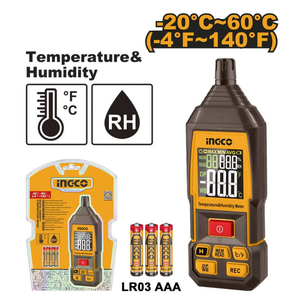 Ingco temperature and humidity meter with packaging and batteries on a white background