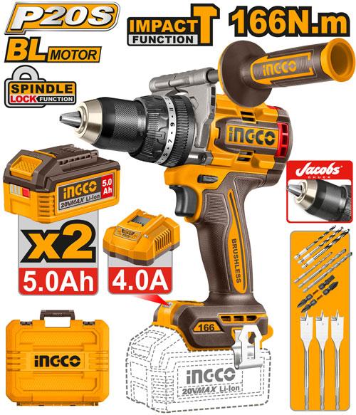 Ingreso cordless drill set with battery packs, case, and accessories on a white background