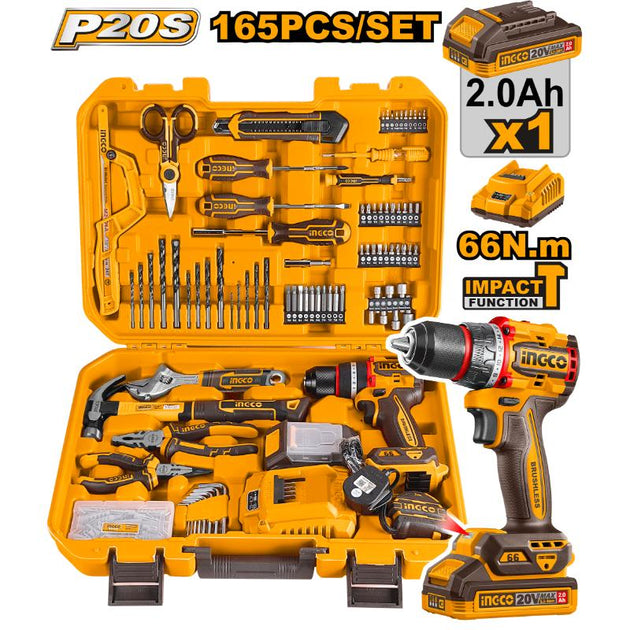Tool set with drill, bits, and accessories in a yellow case on a white background
