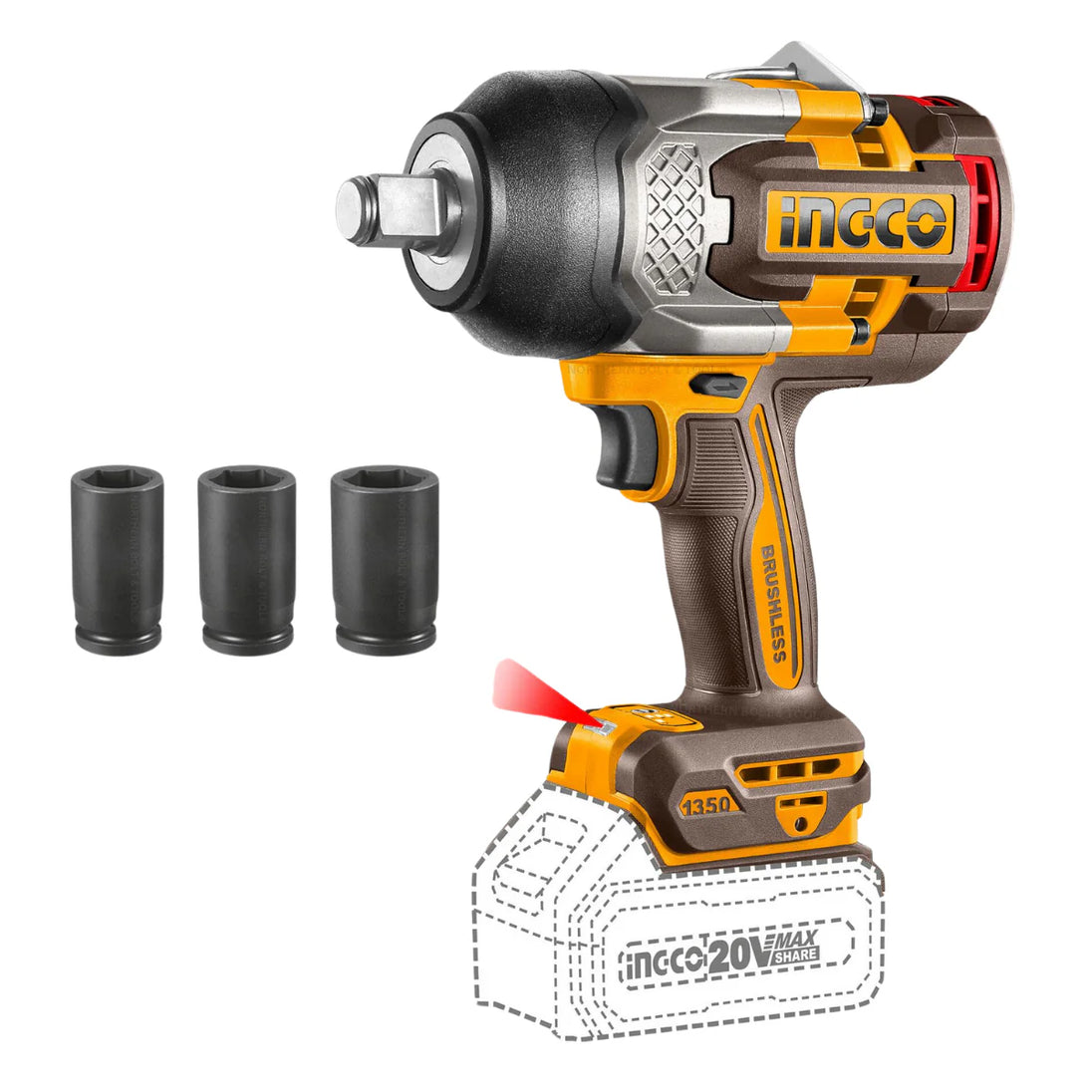 Ingco cordless impact wrench with additional sockets on a white background
