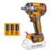 Ingco cordless impact wrench with socket sizes displayed on a white background