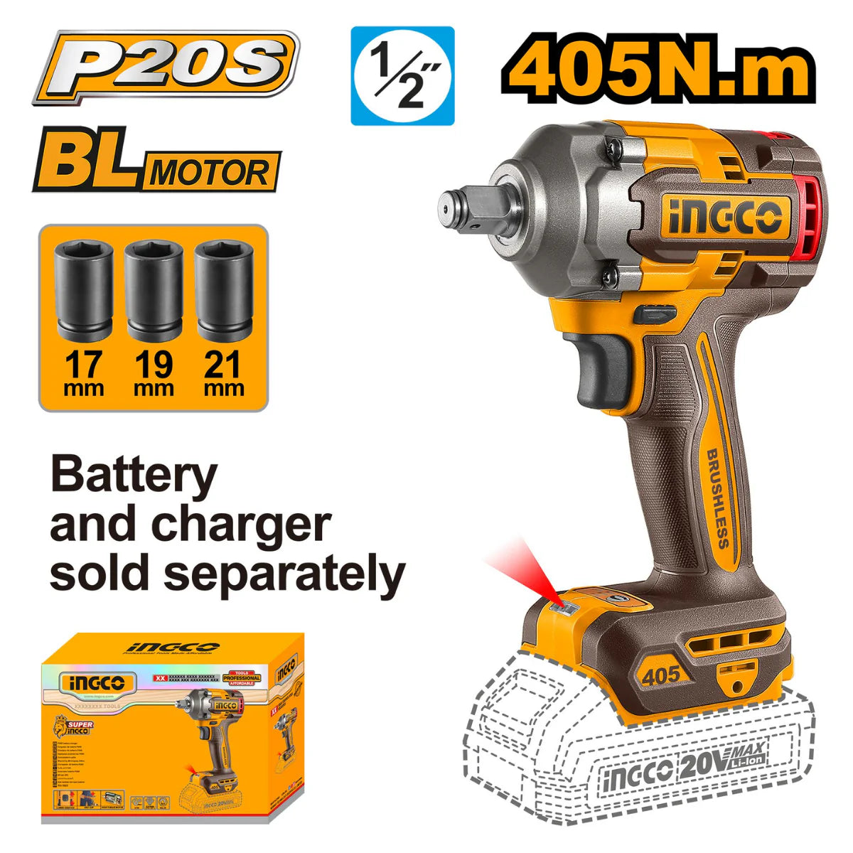 Ingco impact wrench with specifications and accessories on a white background