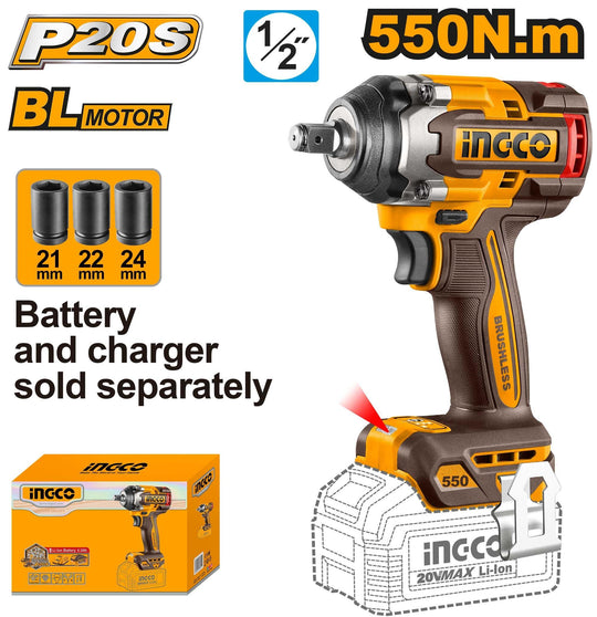 Ingco Impact Wrench 550Nm 20V Tool Only CIWLI20551