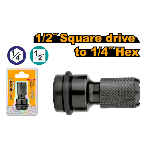 Black 1/2" Square drive to 1/4" Hex adapter with packaging on a white background