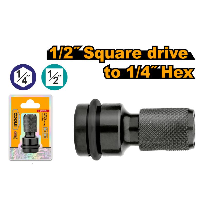 Black 1/2" Square drive to 1/4" Hex adapter with packaging on a white background