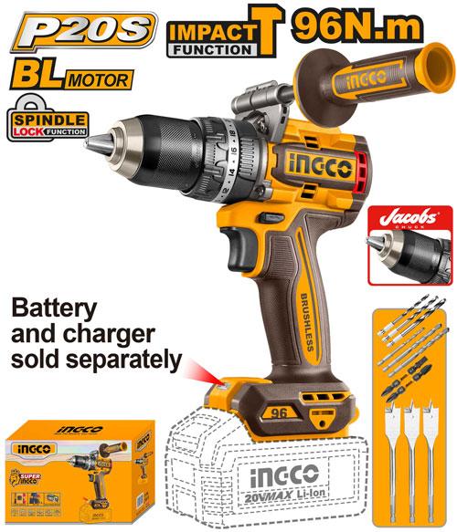 Ingco cordless drill with accessories on a white background