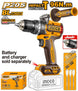Ingco cordless drill with accessories on a white background
