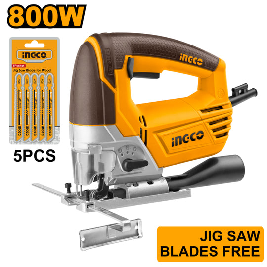 Orange and black jigsaw with Ingco branding and a pack of jigsaw blades on a white background.