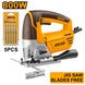 Orange and black jigsaw with Ingco branding and a pack of jigsaw blades on a white background.