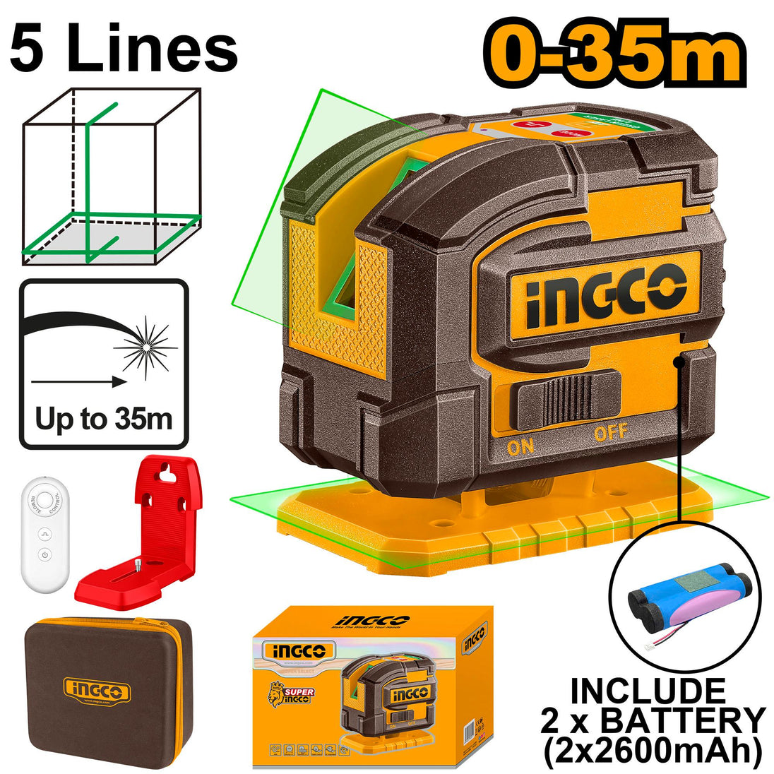 Ingco Laser Level Green Beams 0-35m (USB-C) HLL306502