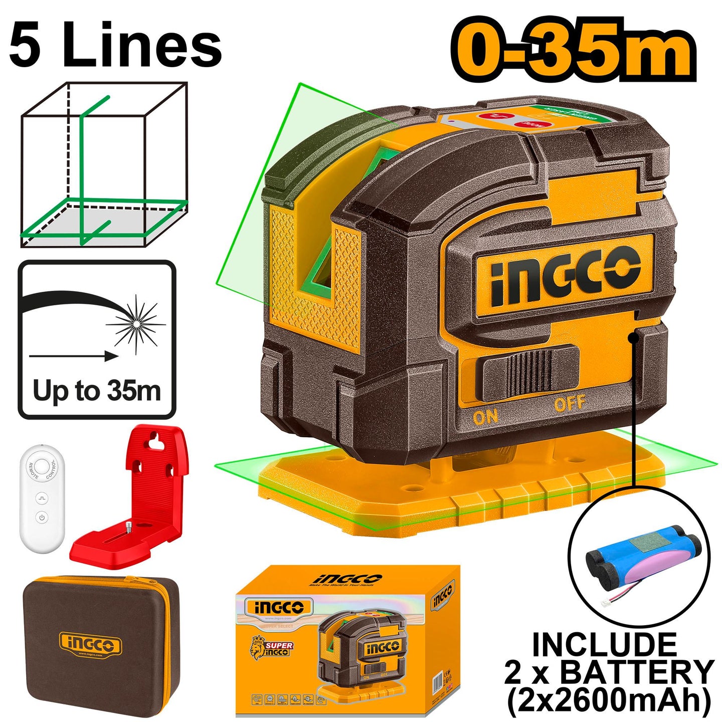 Ingco Laser Level Green Beams 0-35m (USB-C) HLL306502