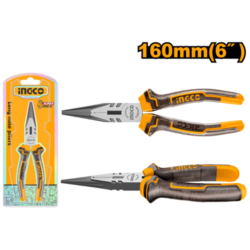 Ingco long nose pliers with packaging on a white background