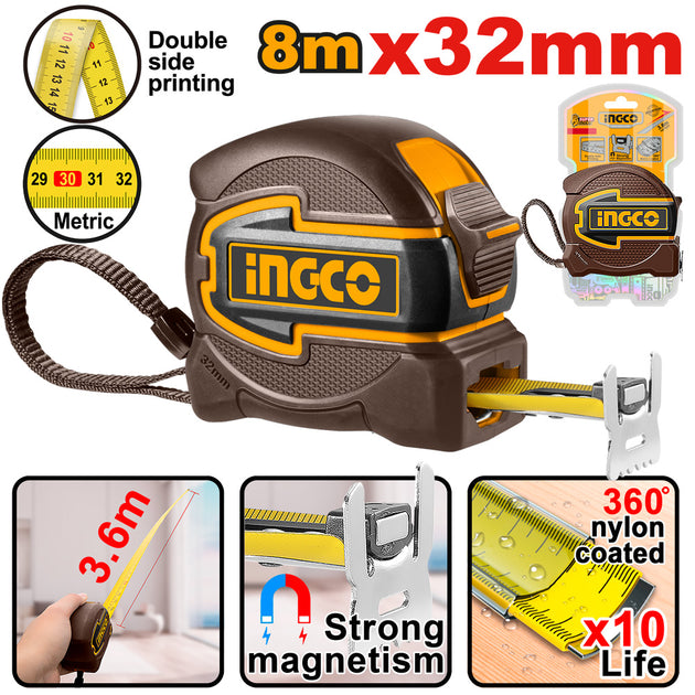 Ingco tape measure with features highlighted on a white background