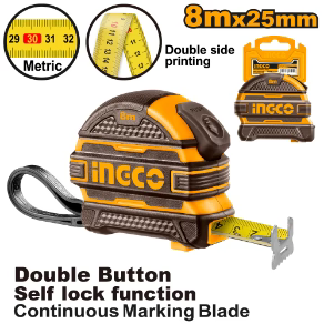 Ingco tape measure with packaging and specifications on a white background