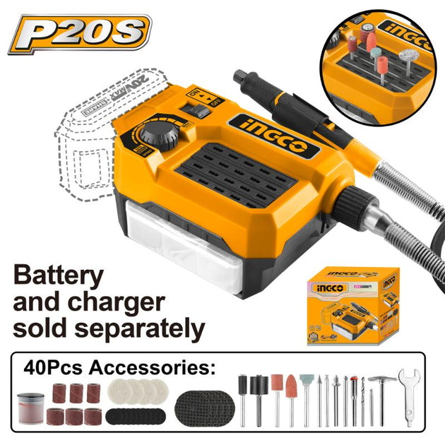 Orange and black power tool with accessories on a white background, featuring the brand 'Ineco'.
