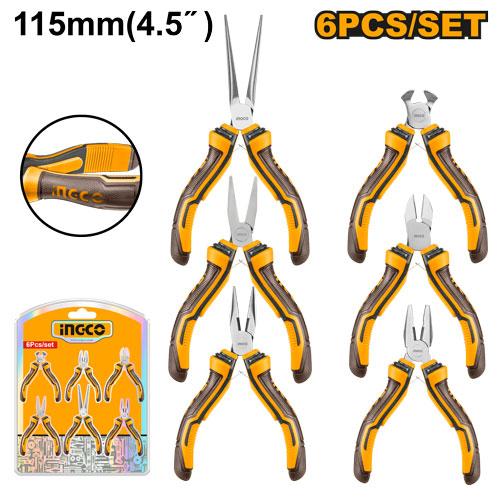 Set of six pairs of pliers with orange handles and packaging on a white background