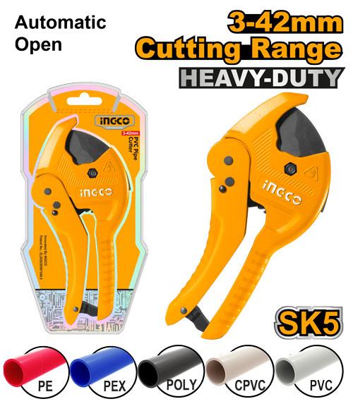 Orange pipe cutter with packaging and cutting range details on a white background