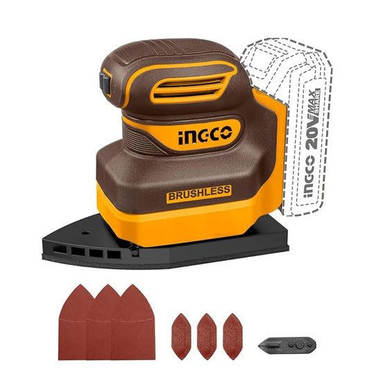 Ingco cordless sander with sandpaper and battery on a white background