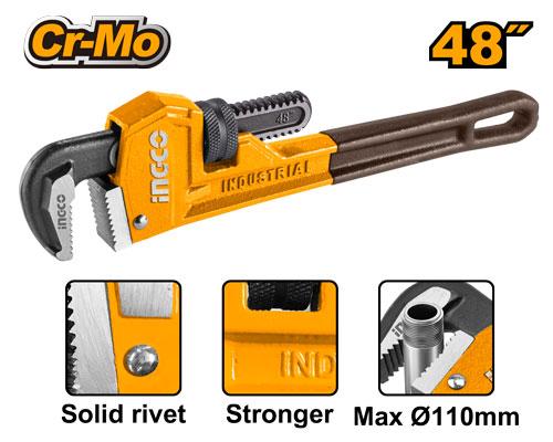 Pipe wrench with INGCO branding and Cr-Mo material indication, featuring details of its features.