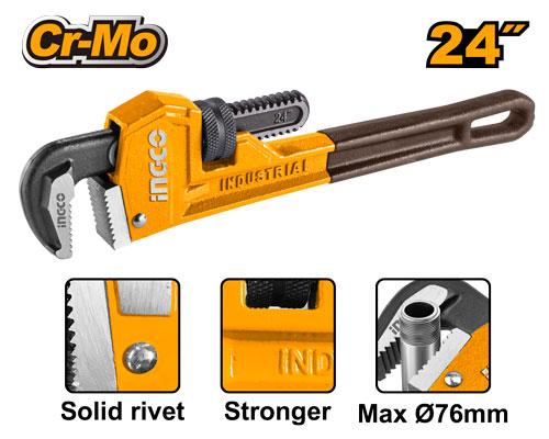 Pipe wrench with INGCO branding and Cr-Mo material indication, featuring details of its features.