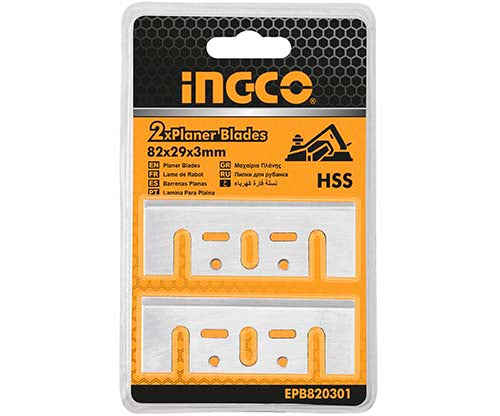 Packaging of INGCO planer blades with product details on a white background
