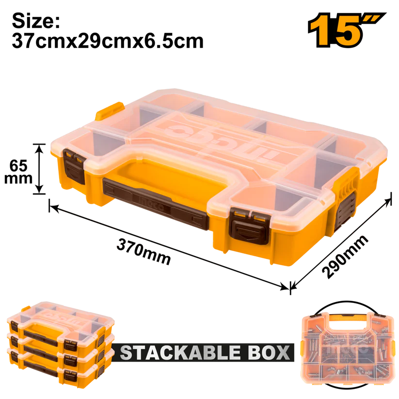 Stackable tool box with dimensions labeled on a white background