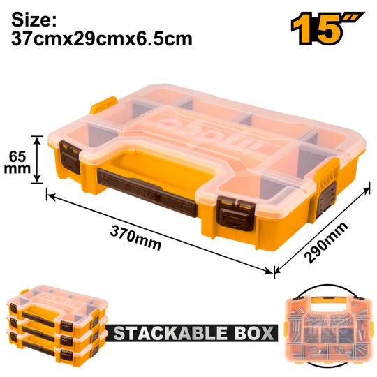 Stackable tool box with dimensions labeled on a white background