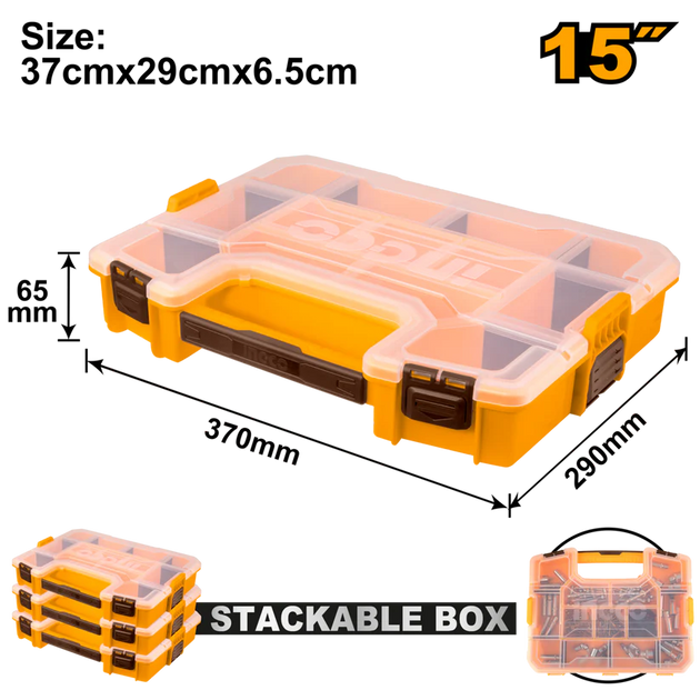 Stackable tool box with dimensions labeled on a white background