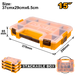 Stackable tool box with dimensions labeled on a white background