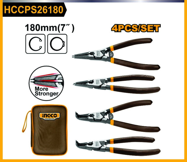 Set of four pairs of pliers with a carrying case on a white background, featuring the brand 'INGCO'.
