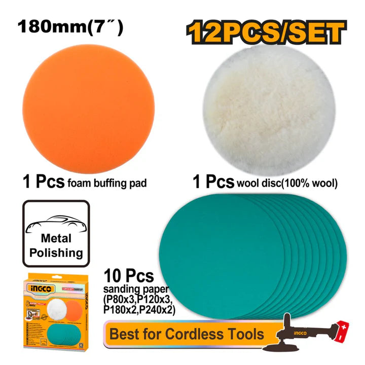 Set of car polishing tools including foam buffing pad, wool disc, and sanding paper on a white background.