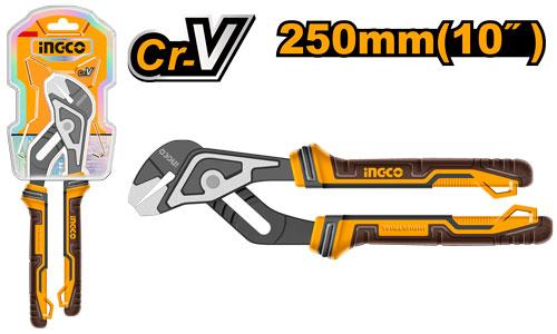 Pair of adjustable wrenches with INGCO branding and packaging on a white background