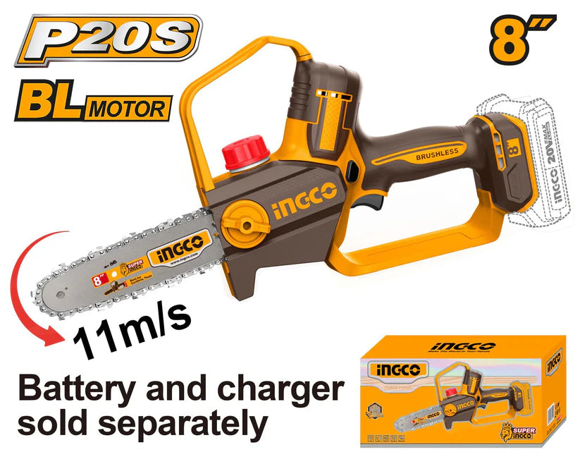 Ingco 8-inch cordless chainsaw with packaging on a white background